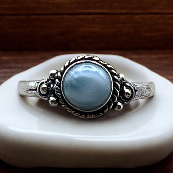 New Blue Larimar Stone Crystal Boho Silver Overlay Ring Size 8.75 - Picture 1 of 8